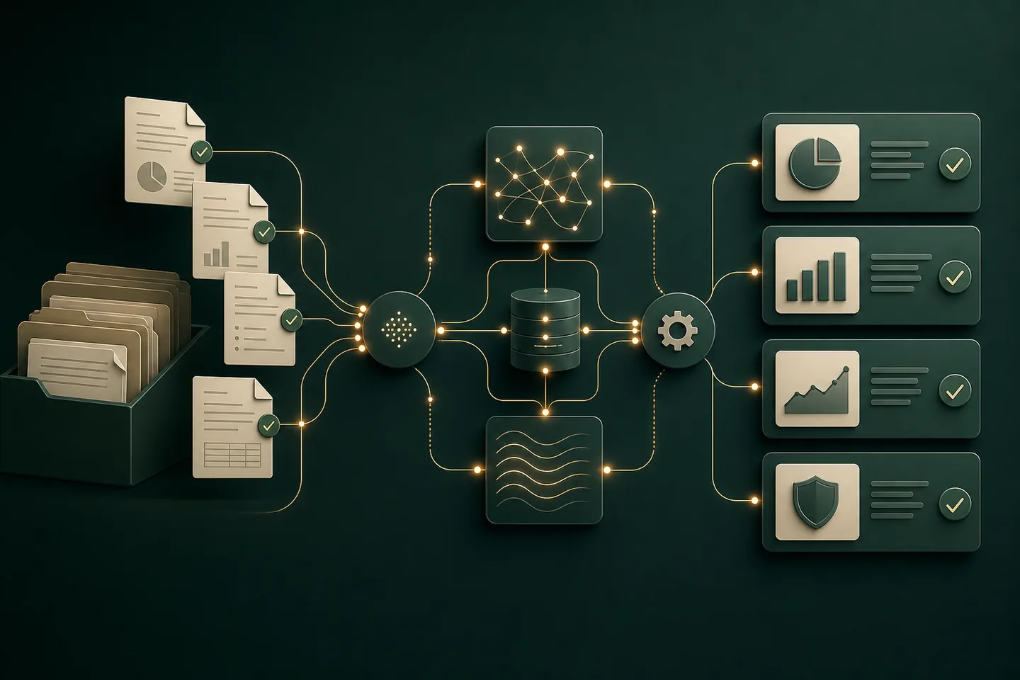 Approved documents flowing through structured AI retrieval and automation nodes to useful output cards