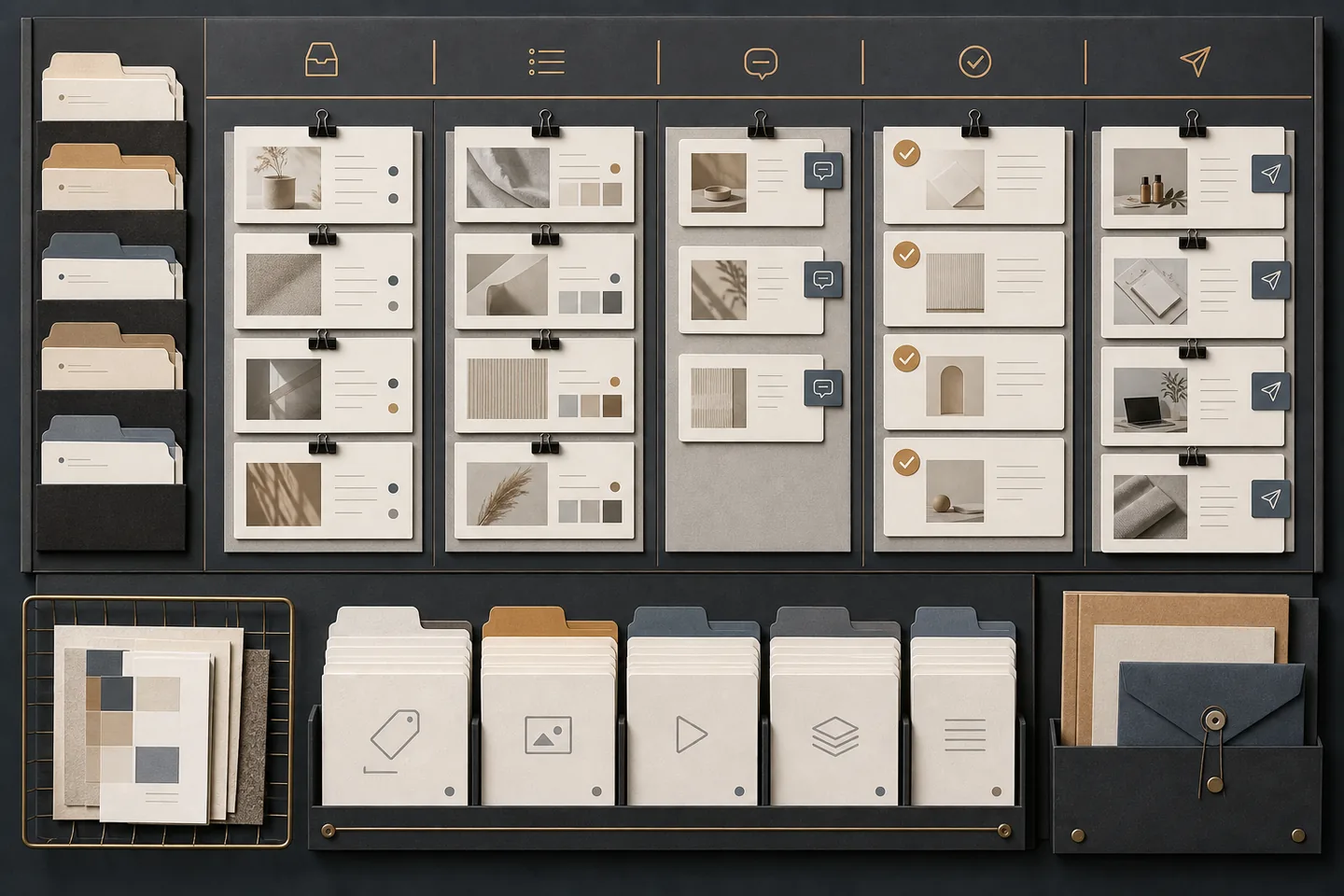 Organized production board with asset folders, review cards, approval stages, and delivery queues