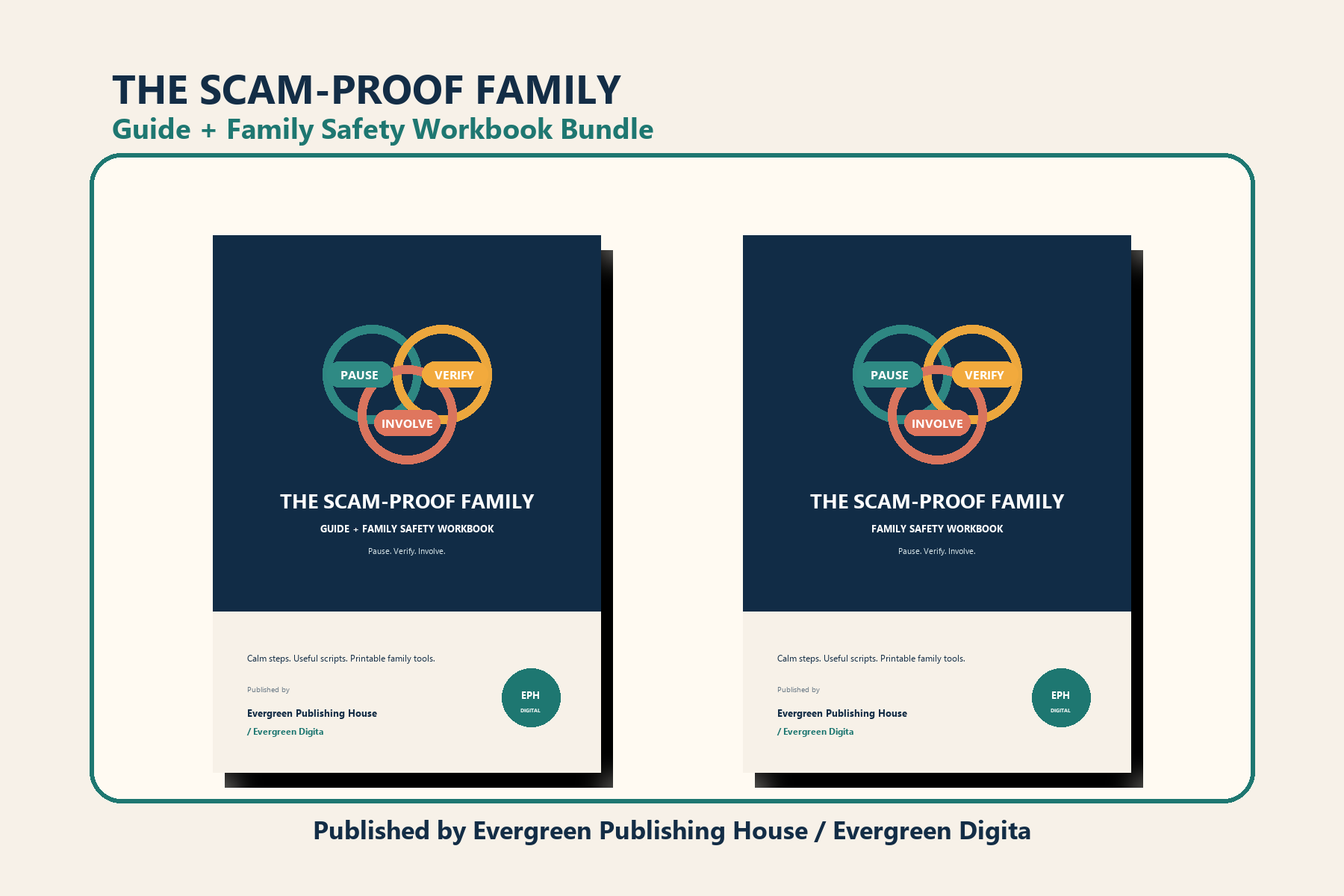 The Scam-Proof Family guide and Family Safety Workbook bundle mockup